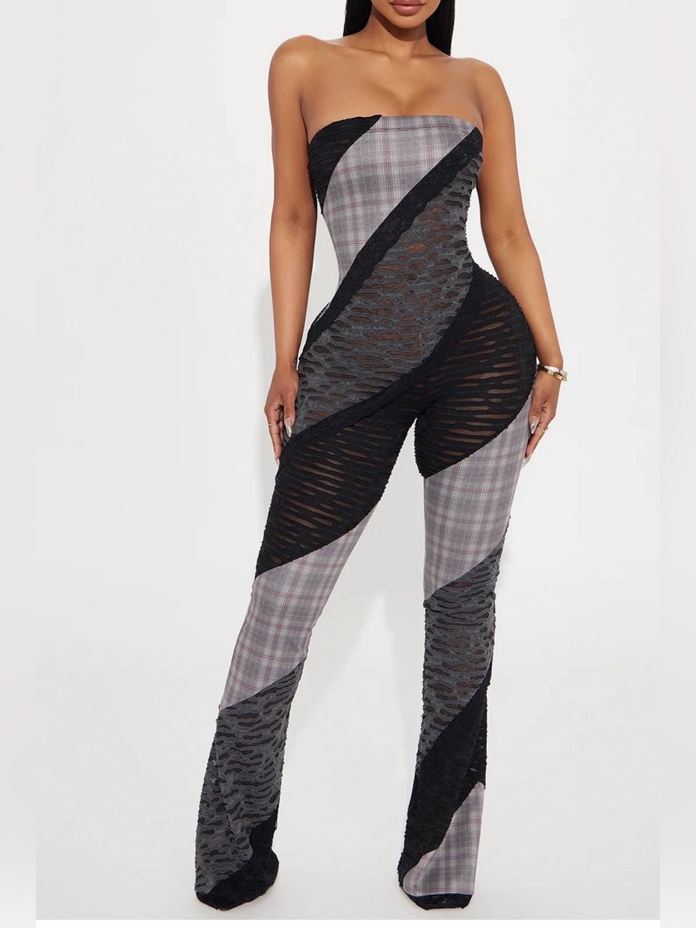 Fashion Nova Strapless Plaid & Lace Panel Jumpsuit - Black/Grey